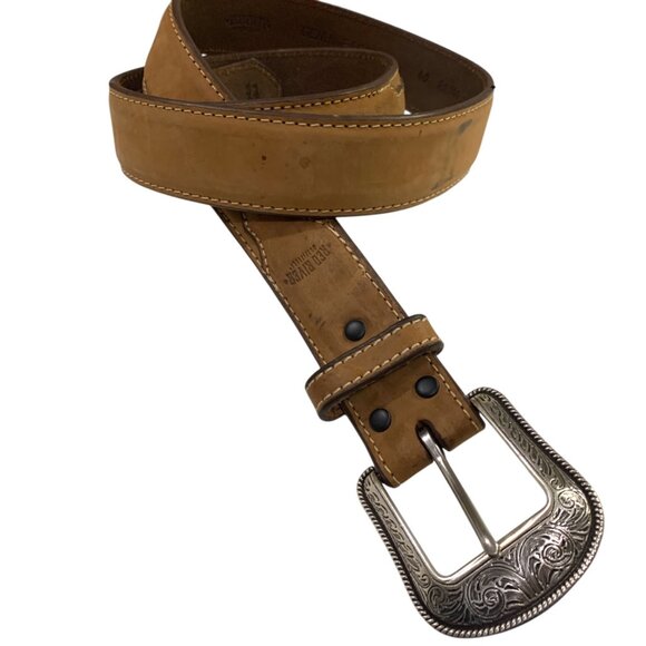 Red River Mens Belt Leather Western Tan Silver Tone Belt Buckle Size 40 Real Men - Picture 1 of 10